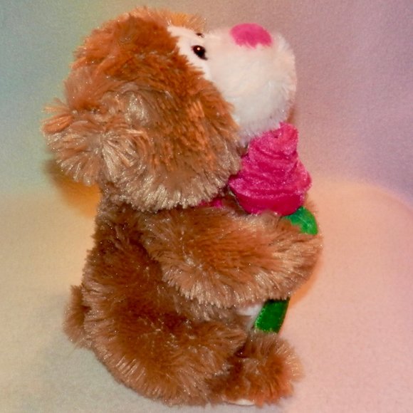 ANIMATED SINGING BEAR * HOLDING A PINK ROSE * 9 IN * SINGS BABY * CUTE * NEW - Picture 2 of 3